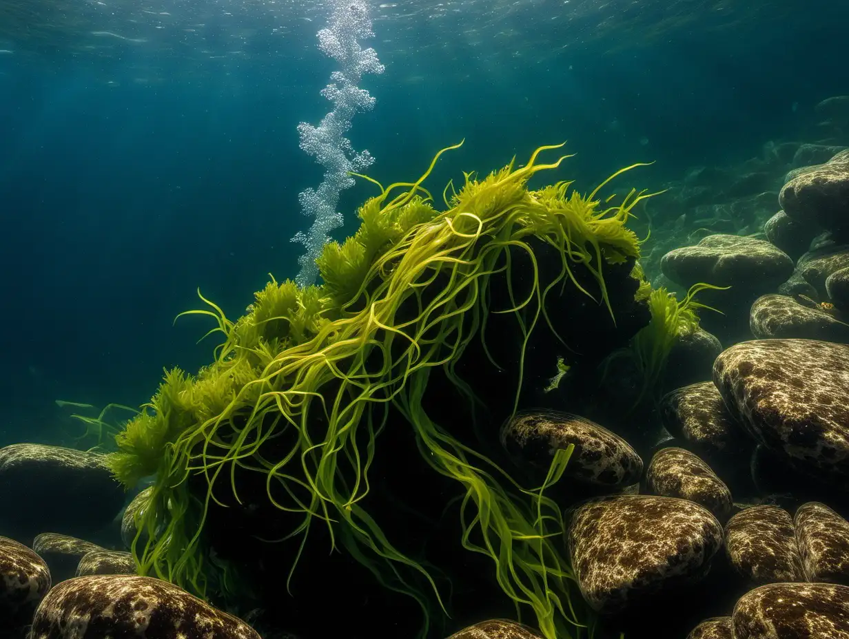 под водой, водоросли, камни