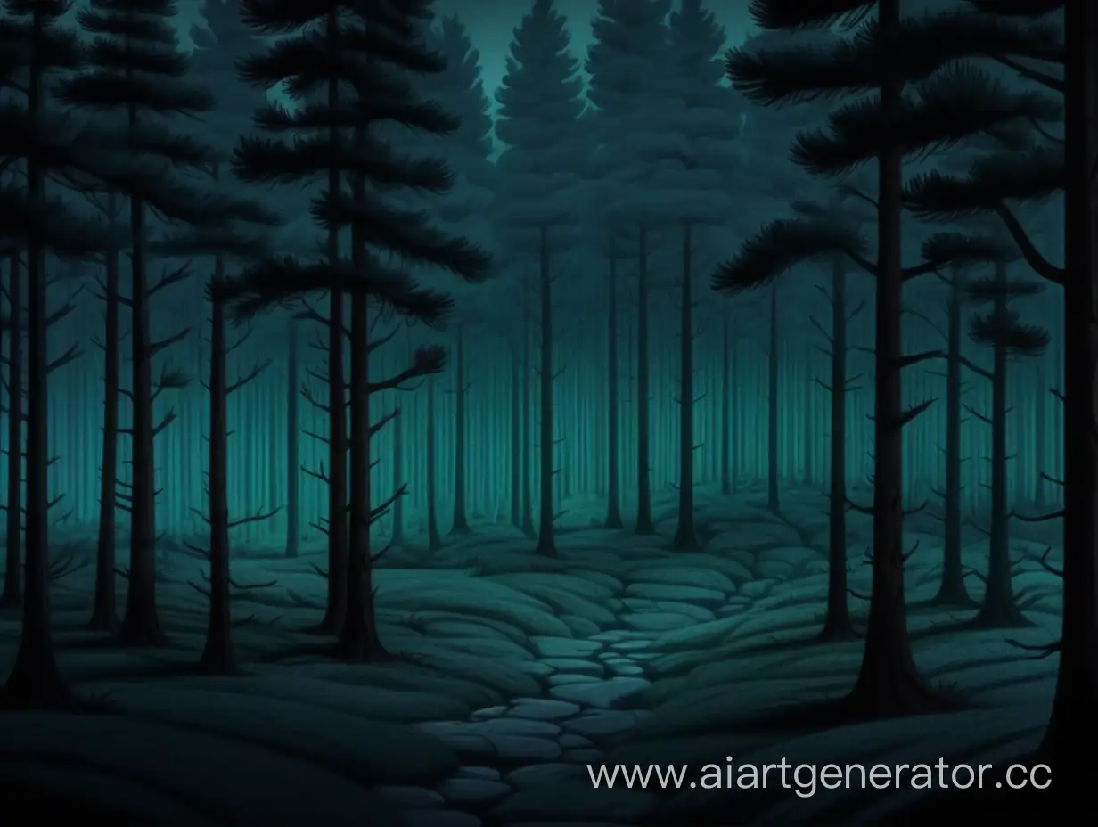 фон сосновый лес в стиле диснеевских мультфильмов, темная атмосфера, темно, очень густой лес
