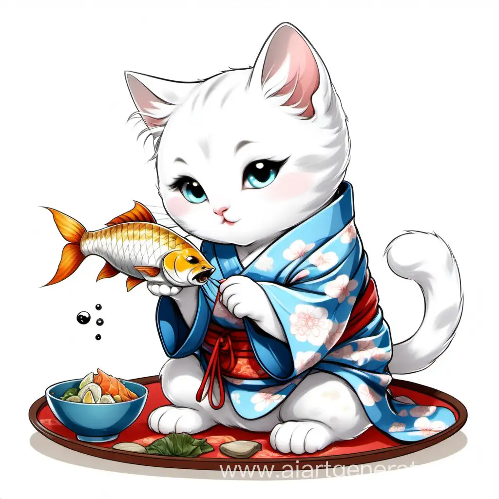 Эскиз, белый котик в кимоно есть рыбку