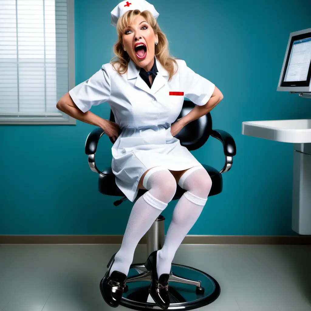 milly carlucci screams in the dentist's chair wearing her nurse UNIFORM, long white otc socks and black patent horsebit loafers full figure photorealistic