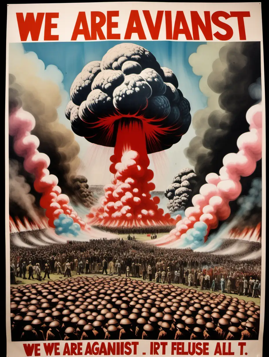 ancient hand painted protest poster, multiple mushroom cloud smoke bombs, asymmetrical layout, 1960s mod look, with the text "WE ARE AGAINST IT ALL", crowds of protesters, all moist flesh colours