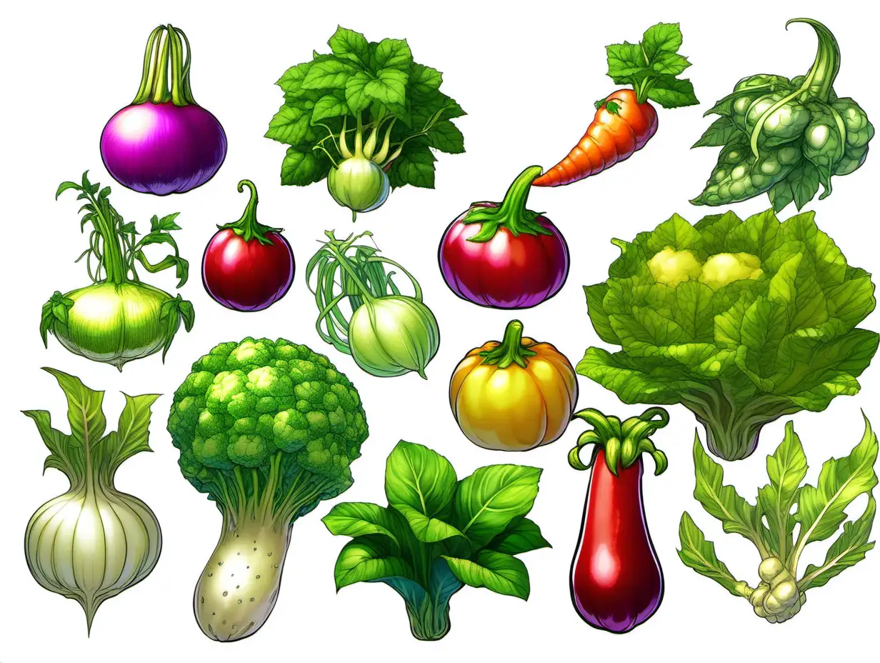 secret of mana style, 8 fantasy heirloom vegetables, no background