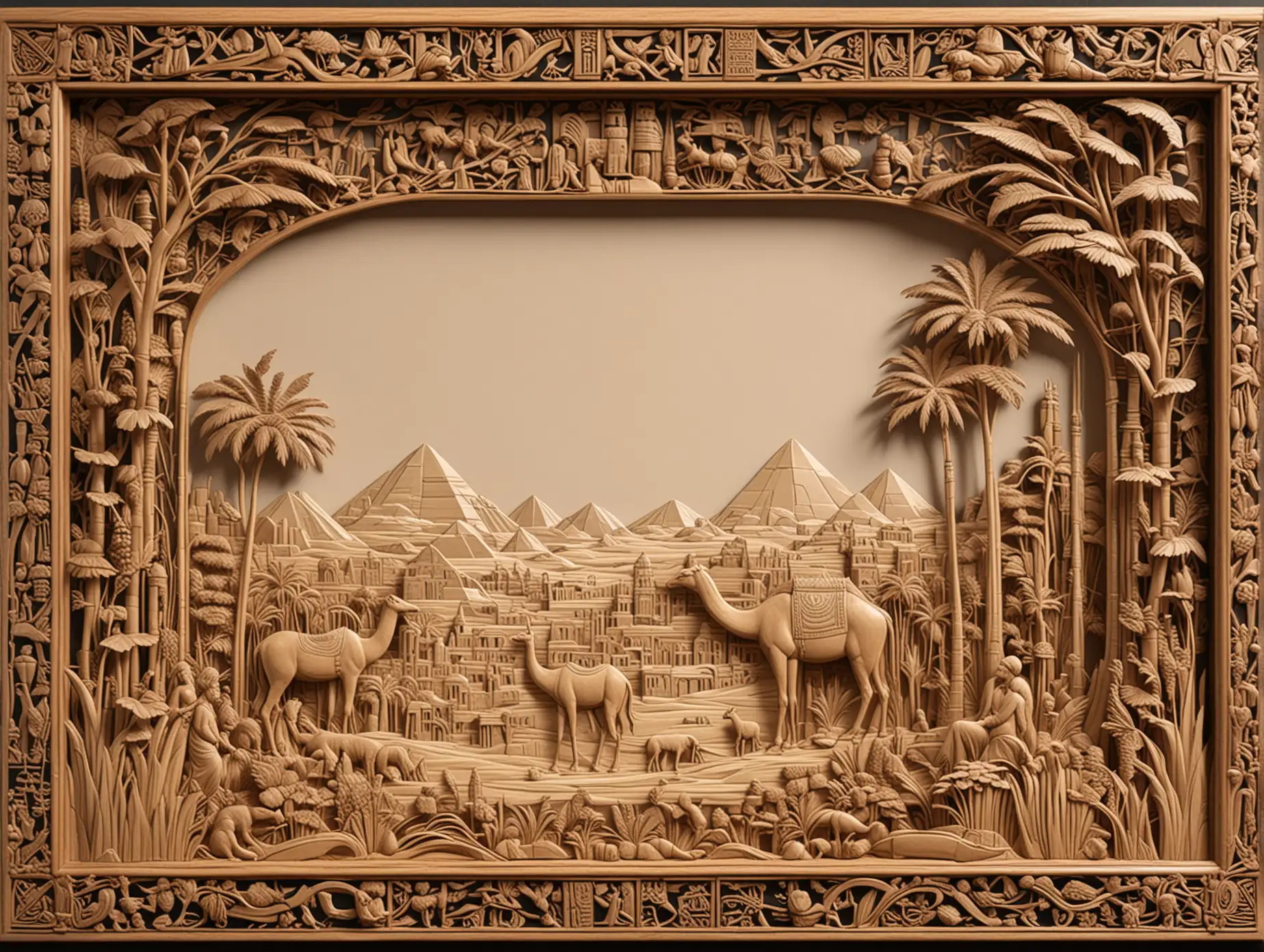 3d and tilable wood lacquer frame surround, featuring a finely carved wooden scene from Egypt in the style of Aubrey beardsley