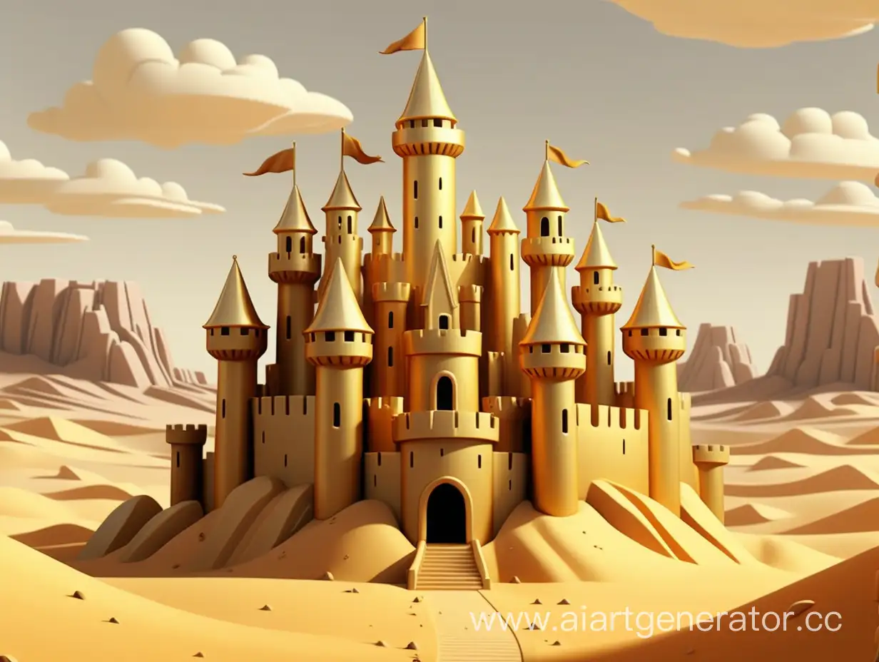 cartoon style, 8k, one castle made of gold in the middle of the desert.