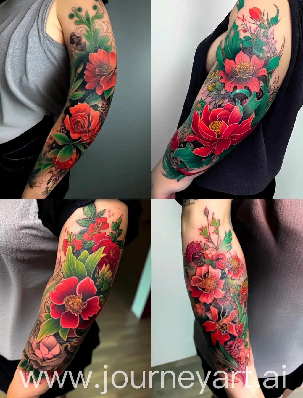 Cover-Up-Tattoo-of-Red-and-Green-Flowers-in-Vibrant-Artistic-Composition