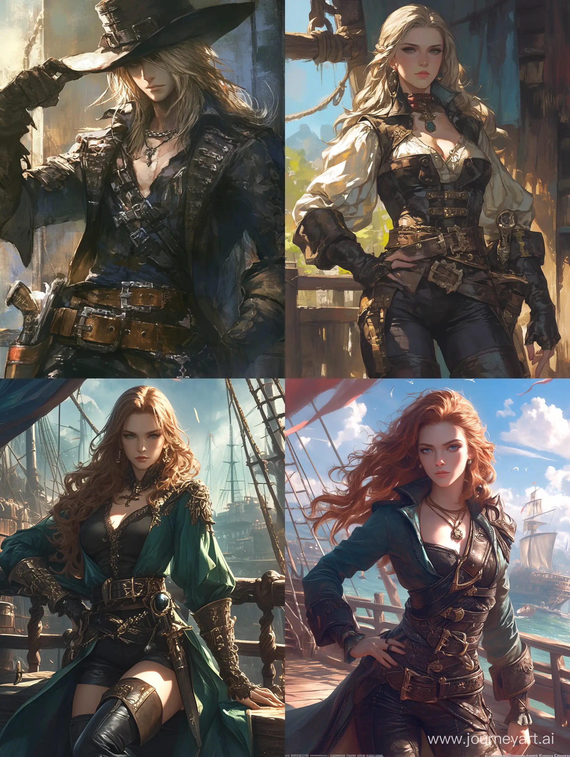 full body lenght of a beautiful woman-pirate, (aboard a pirate ship)::2, intense coloration fantasy, light hair, a stunning realistic photograph 20 years, in a halter top, short shorts and leather high boots , random colored hair,  (multiple women pirates dancing together)::2, random color eyes, full body, cover, hyperdetailed painting, luminism, octane render, Bar lighting,  complex, 8k resolution concept art portrait by Martina Fačková and Prywinko Art, Artgerm, WLOP, Alphonse Mucha, Tony Taka, fractal isometrics details, photorealistic face, hypereallistic cover photo awesome full color, hand drawn, bright, gritty, realistic color scheme, davinci, .12k, intricate. hit definition , Beethoven, cinematic,Rough sketch, mix of bold dark lines and loose lines, bold lines, on paper , real life human, --niji 6 --ar 3:4 --s 750