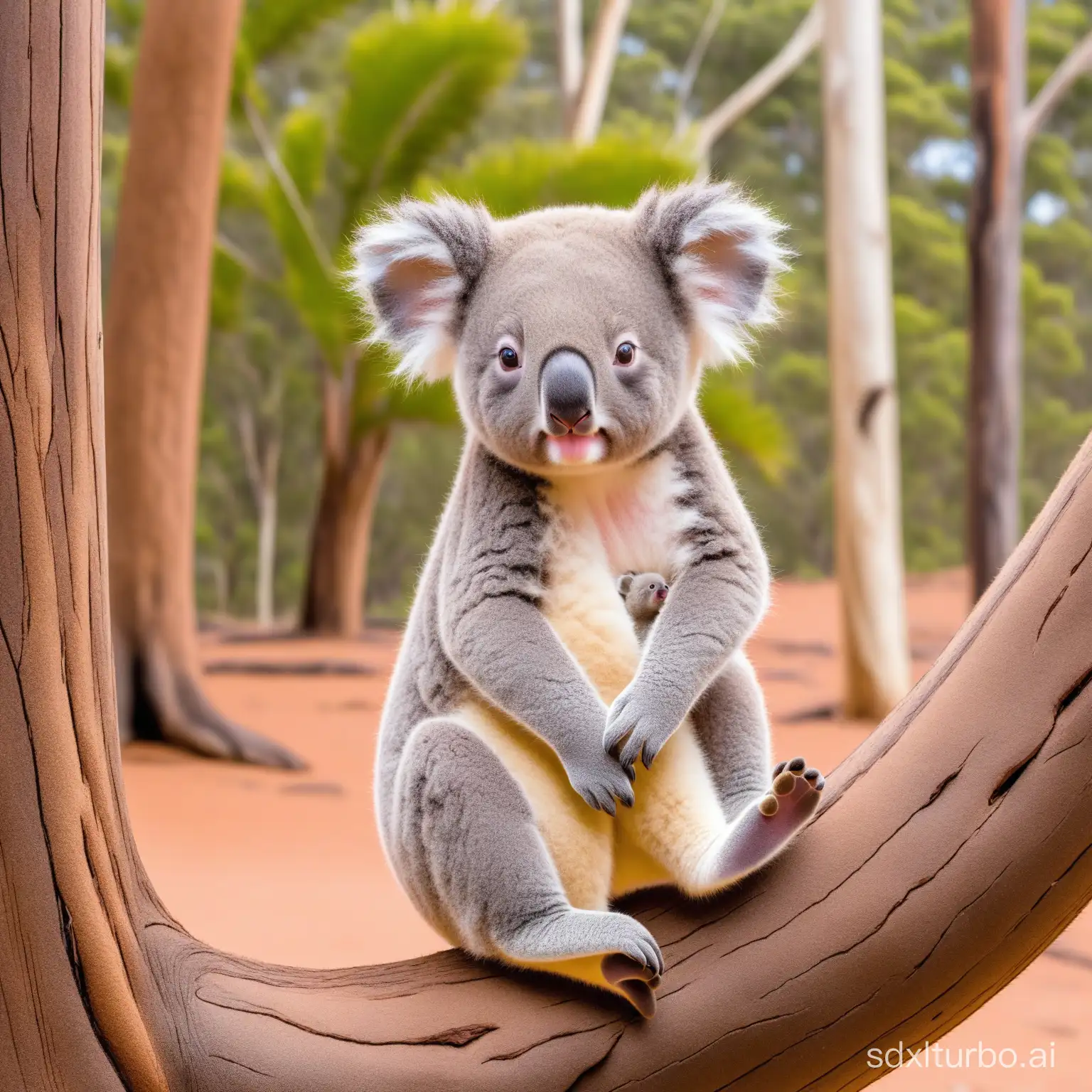 a baby koala, a mother koala and a kangaroo, back ground in Australia bush