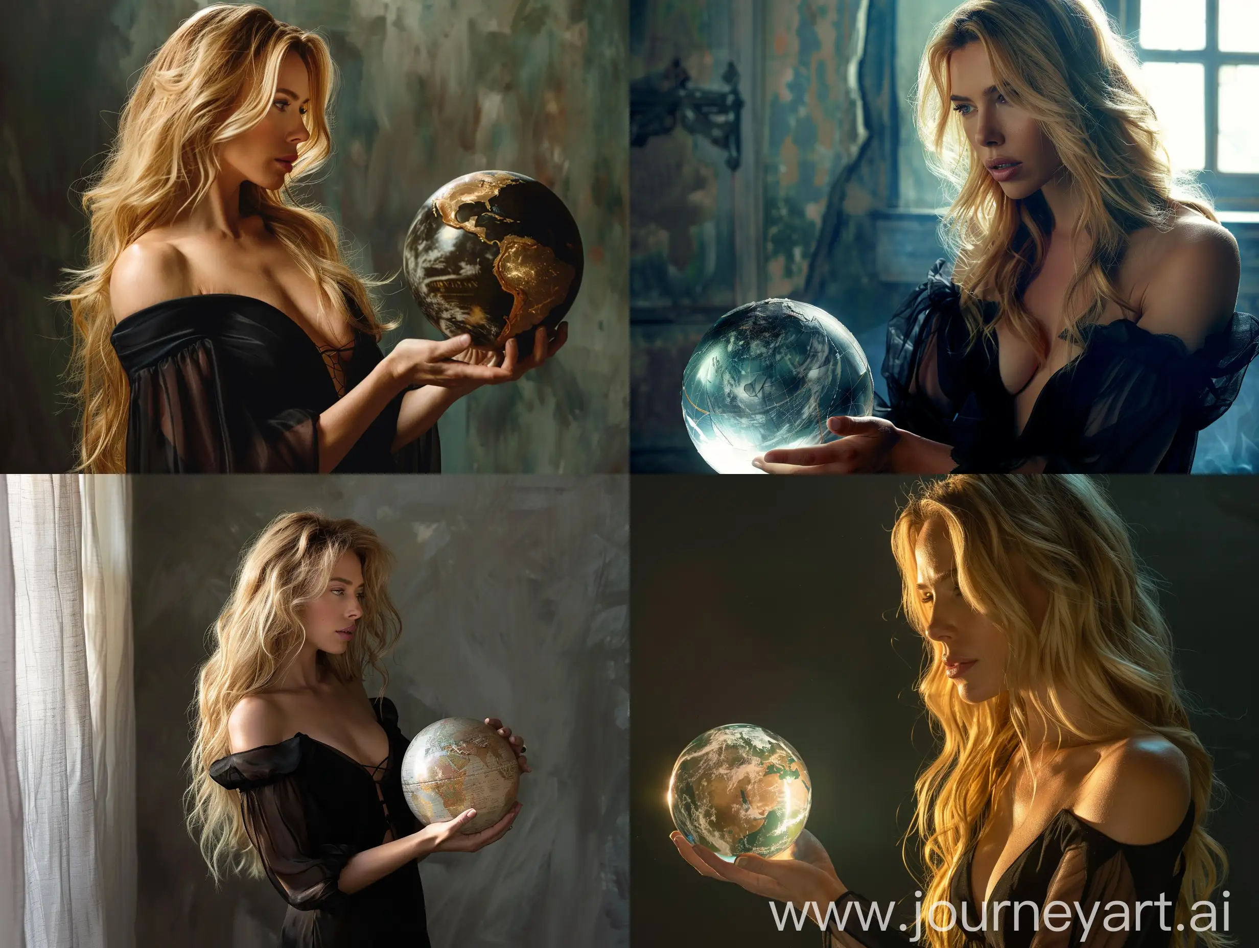 Scarlett Johansson with long blonde hair, in a black open-shoulder dress, 1000 years in the future, with a real globe in her hands looking at it, 8k