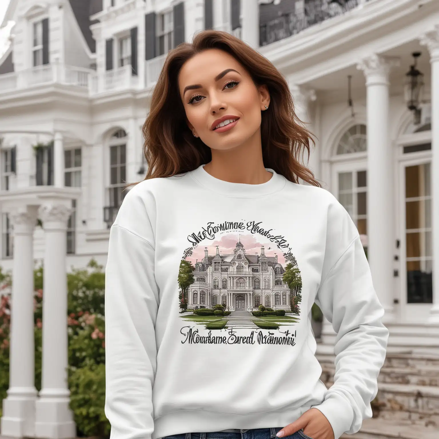 Fashionable White Sweatshirt Mockup Featuring Elegant Mansion Background