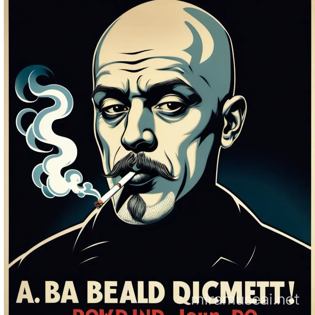 A 2D poster of a bald man, with a white goatee, smoking a cigarette in his mouth