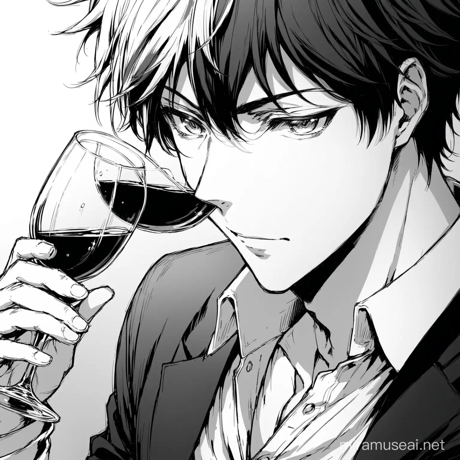 Anime Character Enjoying Wine CloseUp Manga Illustration