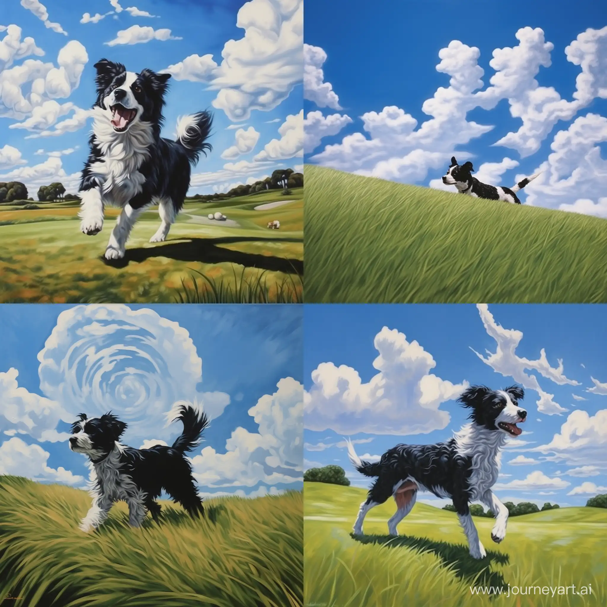 蓝天白云，一只黑白相间的小狗，在草地上嬉戏玩耍。