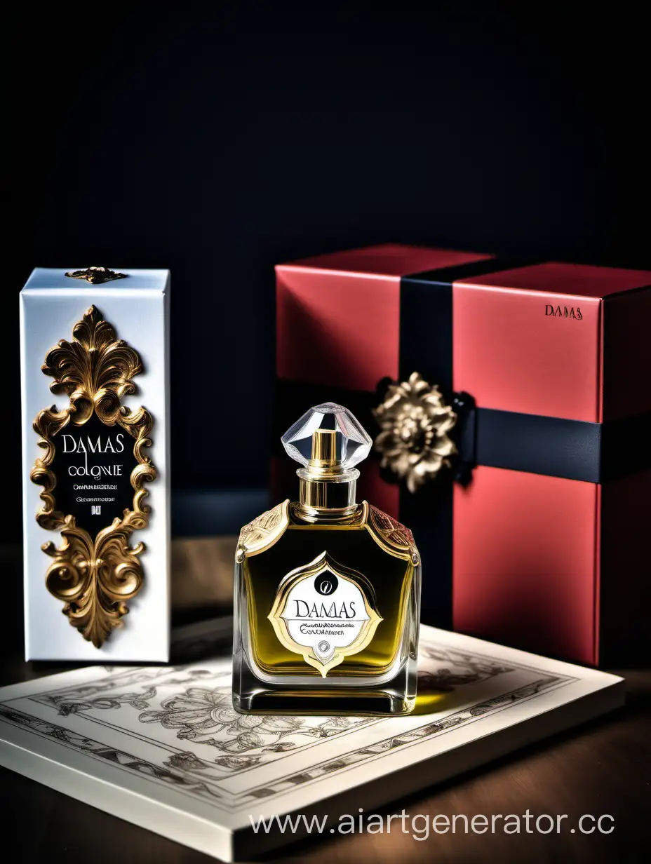 a bottle of damas cologne sitting next to a box, a flemish Baroque by Demetrios Farmakopoulos, instagram contest winner, dau-al-set, dynamic composition, contest winner, feminine