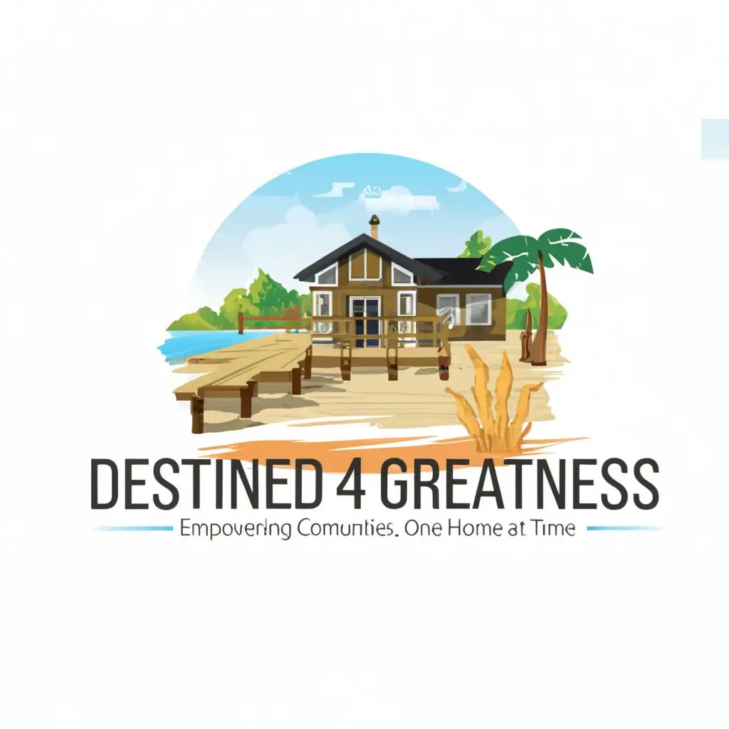 logo, home, beach, water peace, serenity, with the text "Destined 4 Greatness Realty: Empowering Communities, Building Dreams, One Home at a Time.", typography, be used in Real Estate industry