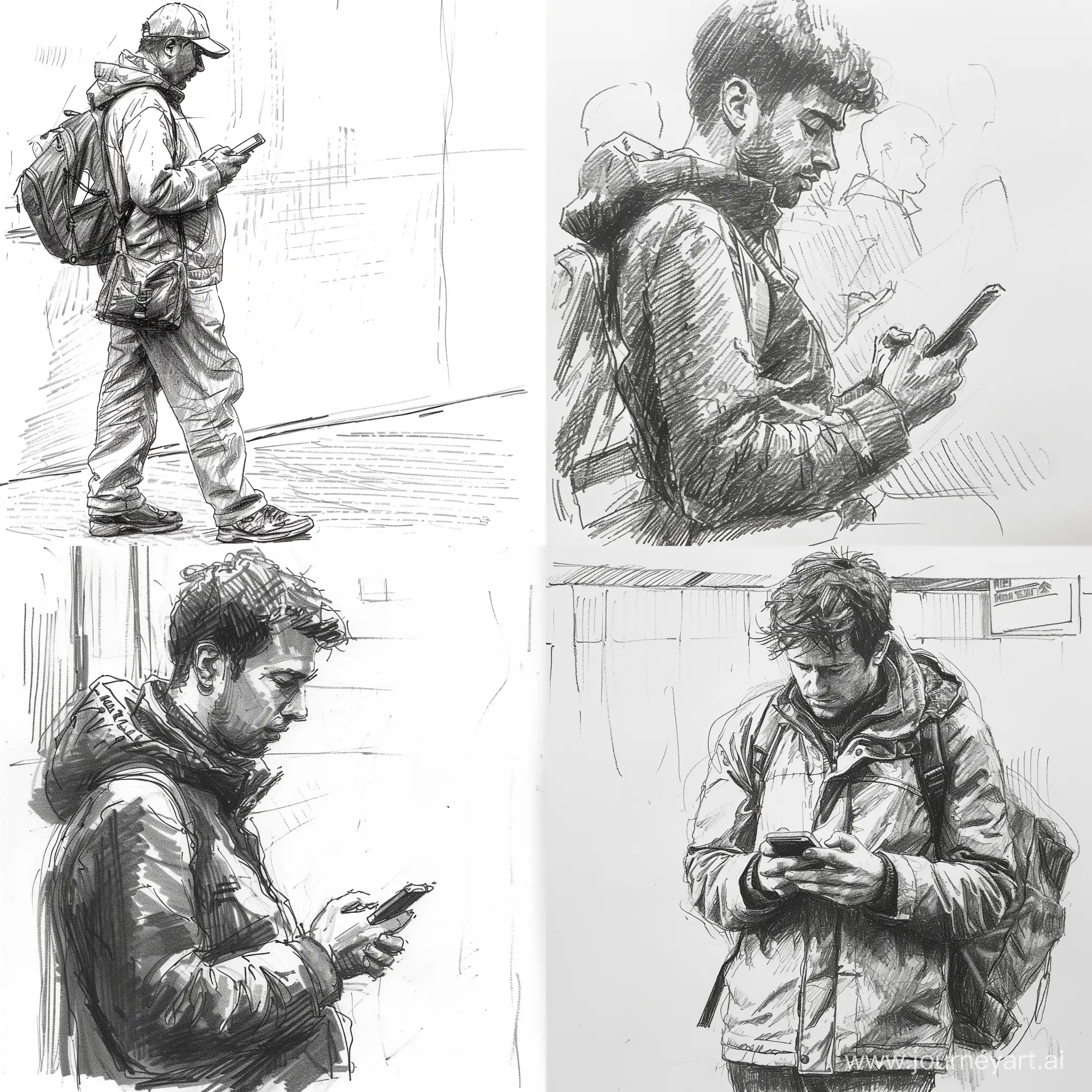 a man in bus station using mobile , the image be figure draw and black and white, like drawing with pencil 