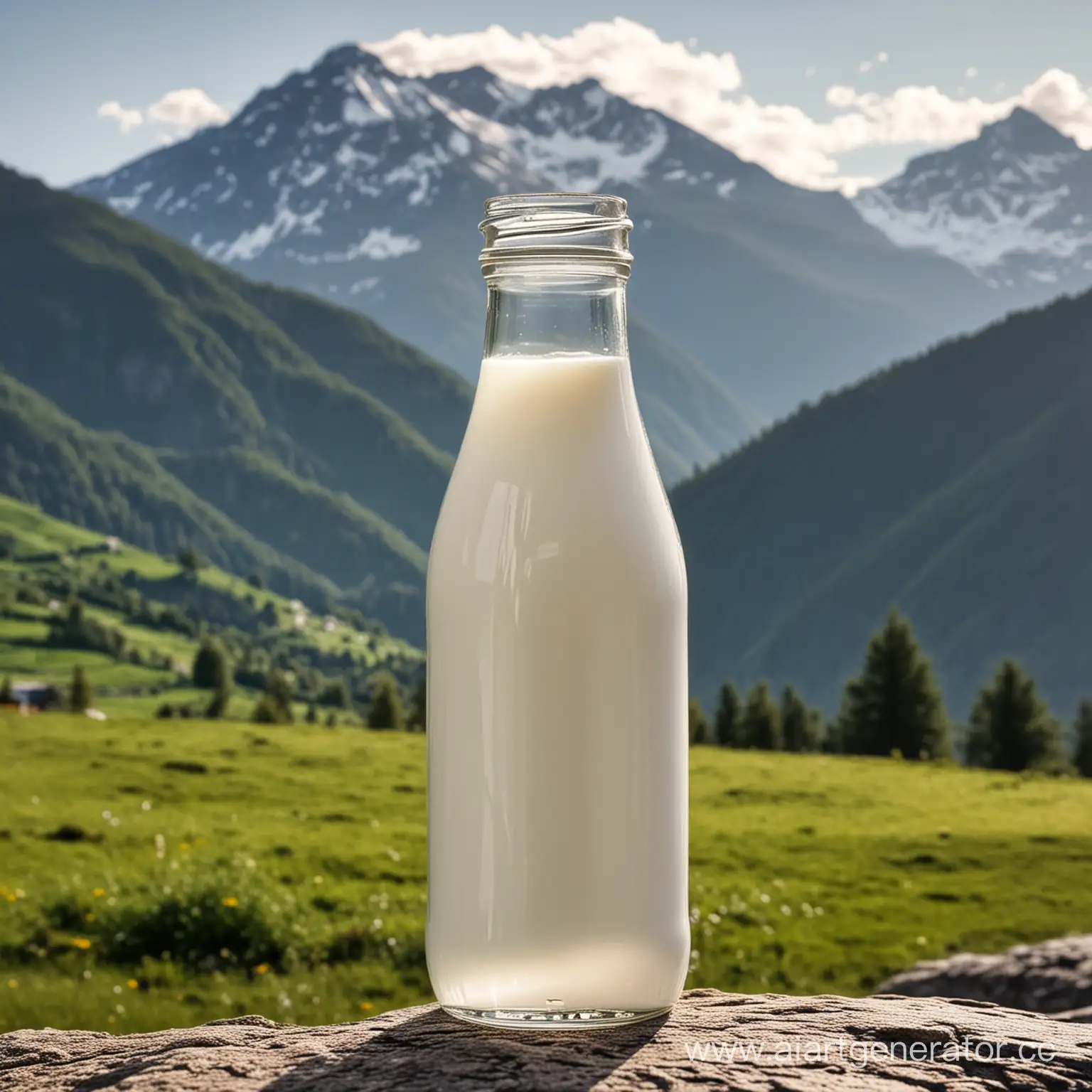 красивая прозрачная бутылка молока на фоне гор 