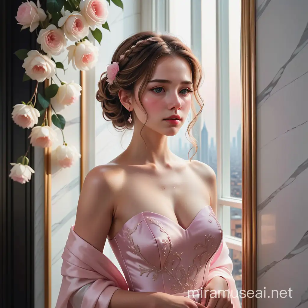 Elegant Solitude Tearful Woman in Pink Evening Gown Amid Opulent Hallway