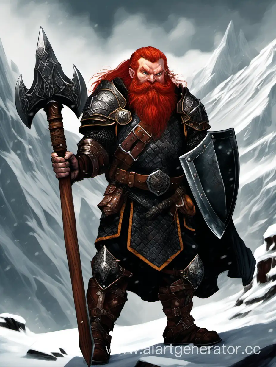 Дворф с рыжими волосами и бородой, одетый в черный латный доспех, опирается рукой на массивную обоюдоострую секиру на фоне больших снежных гор.