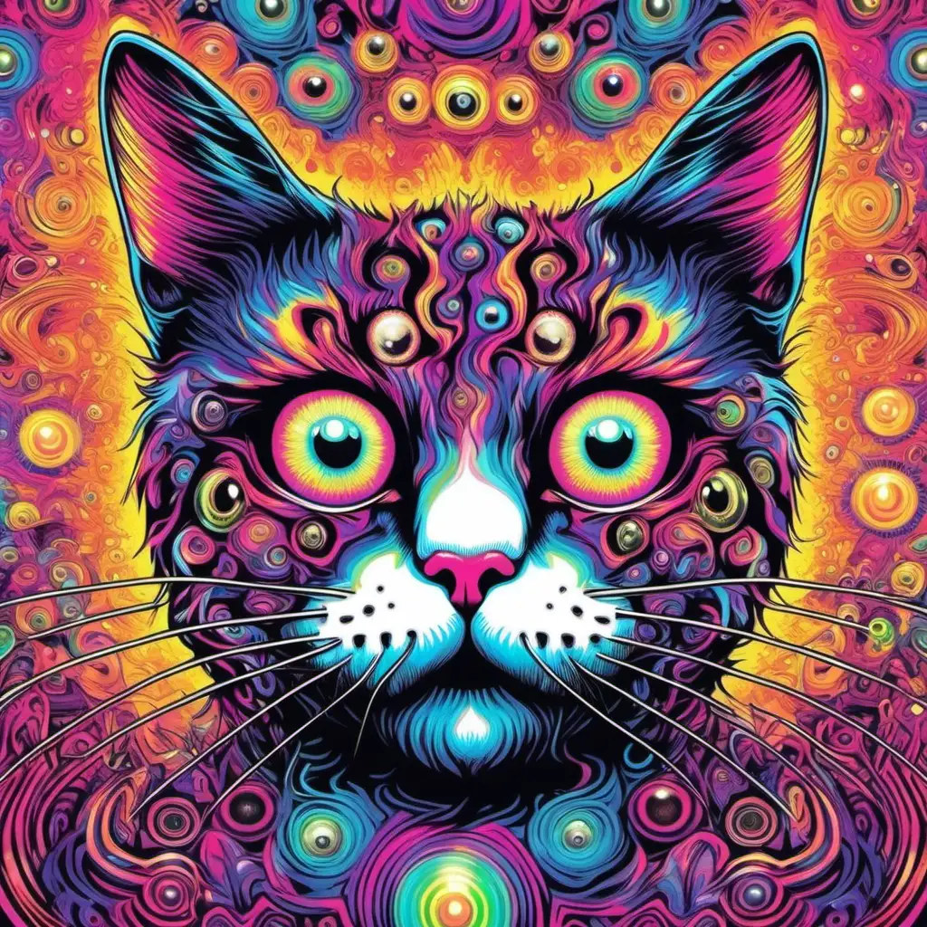 psychedelic cat with crazy eyes, 