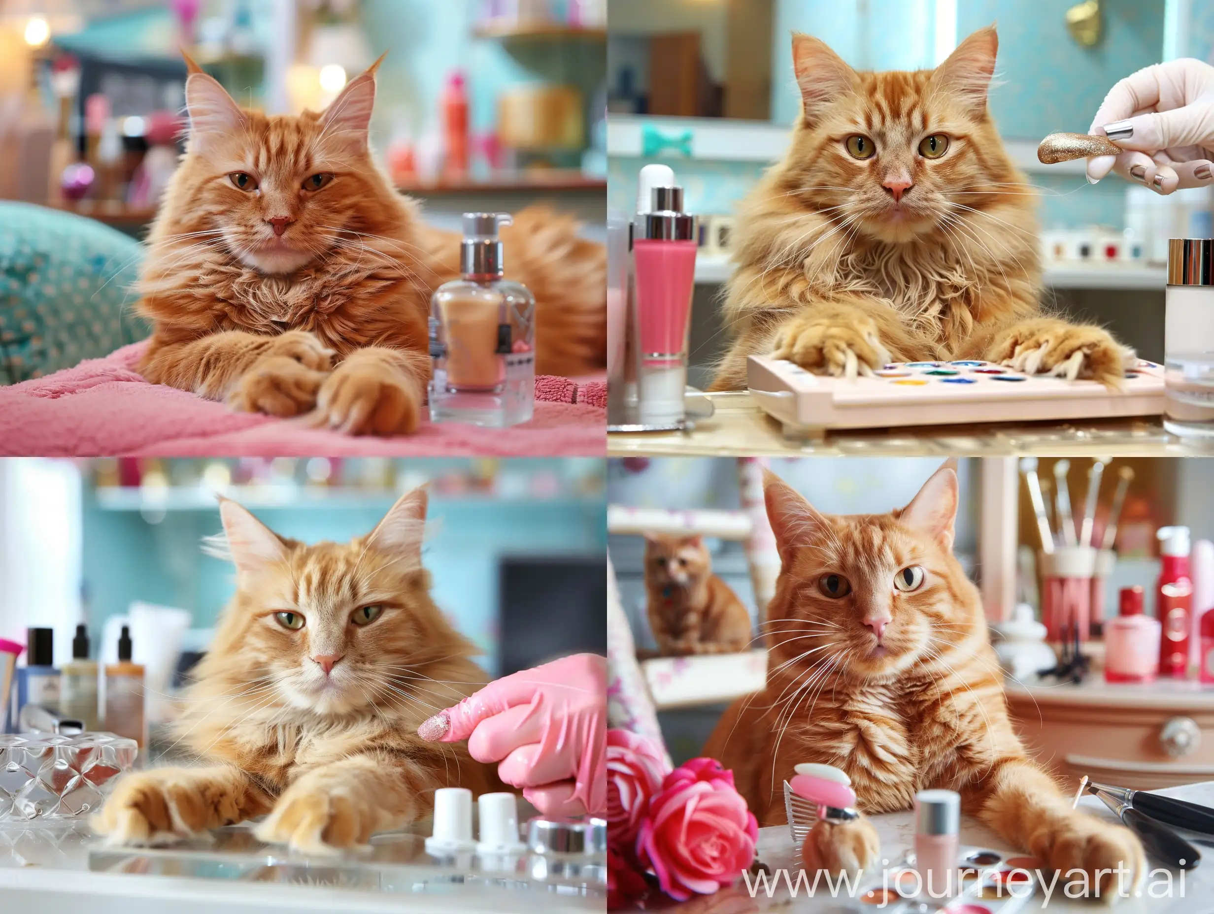 beautiful ginger cat in a beauty salon gets a glamorous manicure from a master