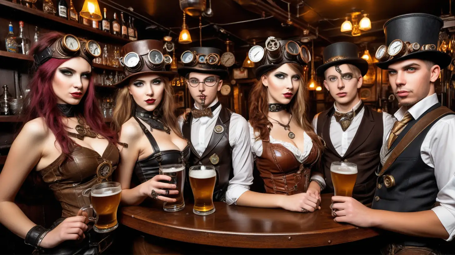 Steampunk willd party beauty girls and boys in pub