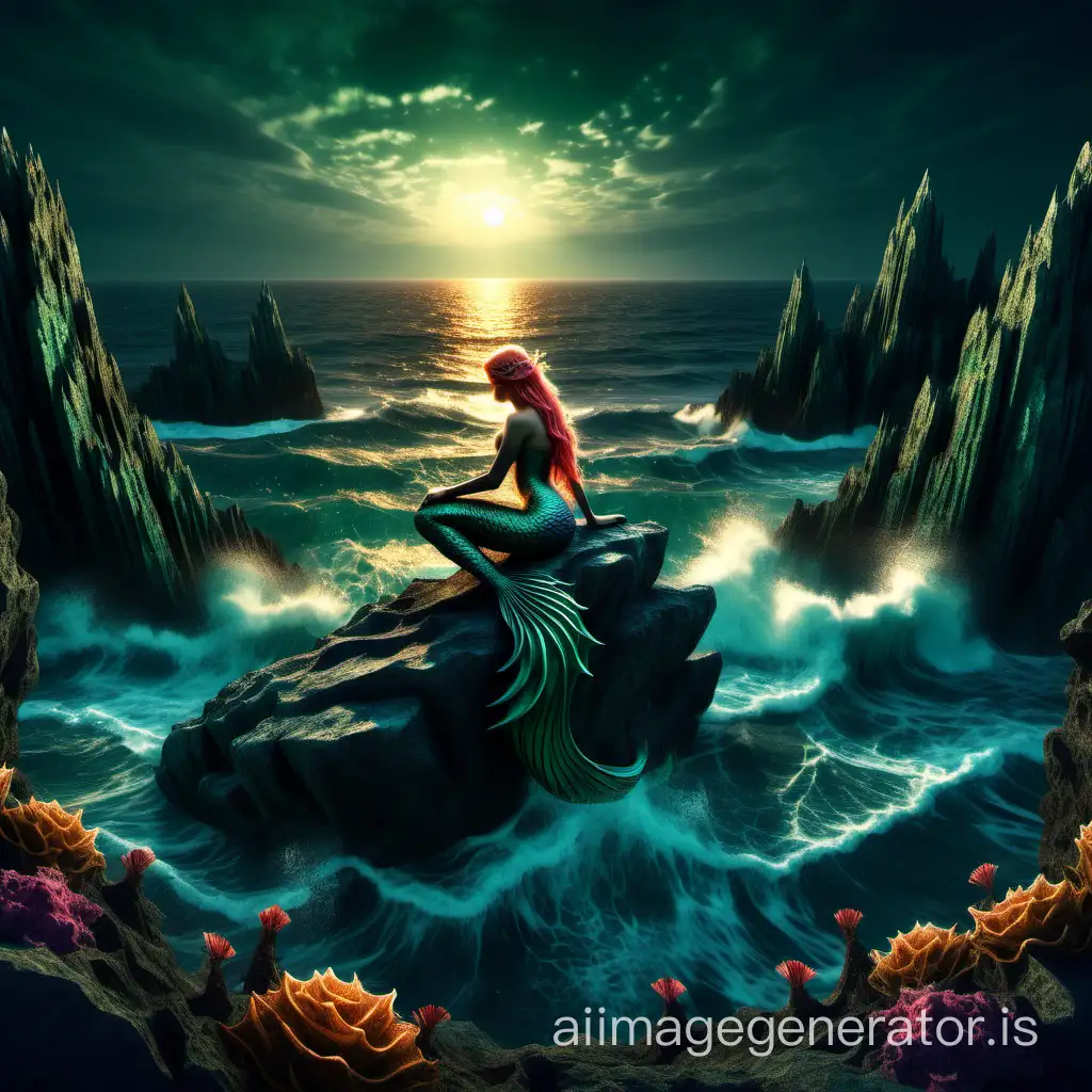 fairytale Illustration of a stunning mermaid on a rock at the summerscape night on the wild dark sea, Stylized art, Intricate, Complex contrast, HDR, Sharp, soft Cinematic Volumetric lighting, flowery fractal colours, wide long shot, perfect masterpiece, deep green, horror, sunset, stunning, mystical