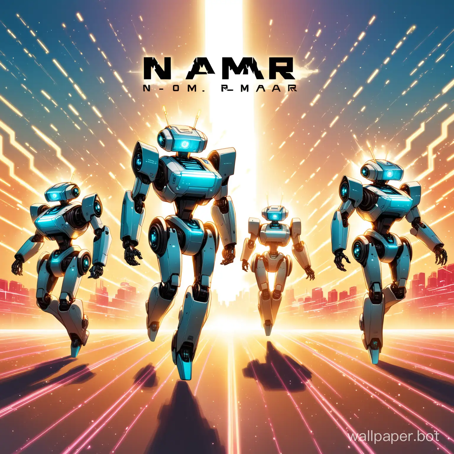 Dancing robots in future design with the name N.O.M.A.R. in it