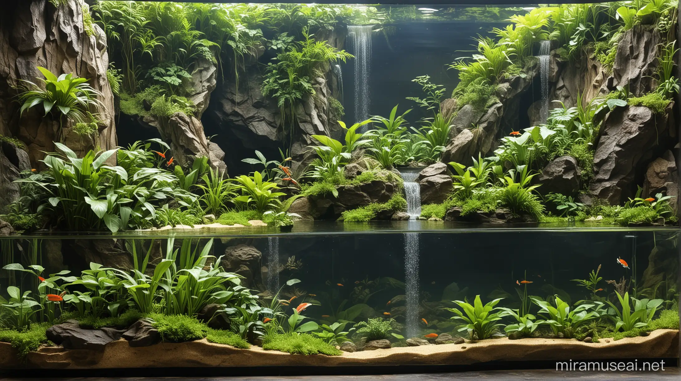 Tropical snake paludarium with cliff waterfall, land side and lake-side.