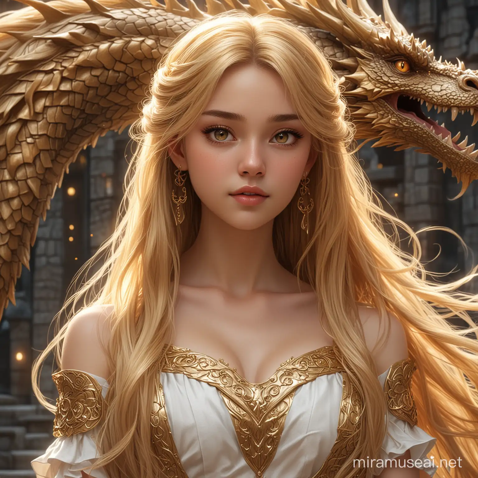 Princess girl, long golden hair, magic dress, dragon on the background, anime realism art, realistic faces, illustrations in the style of fantasy mythology, cinematic, detailed texture, i-max resolution, hyperrealistic, 