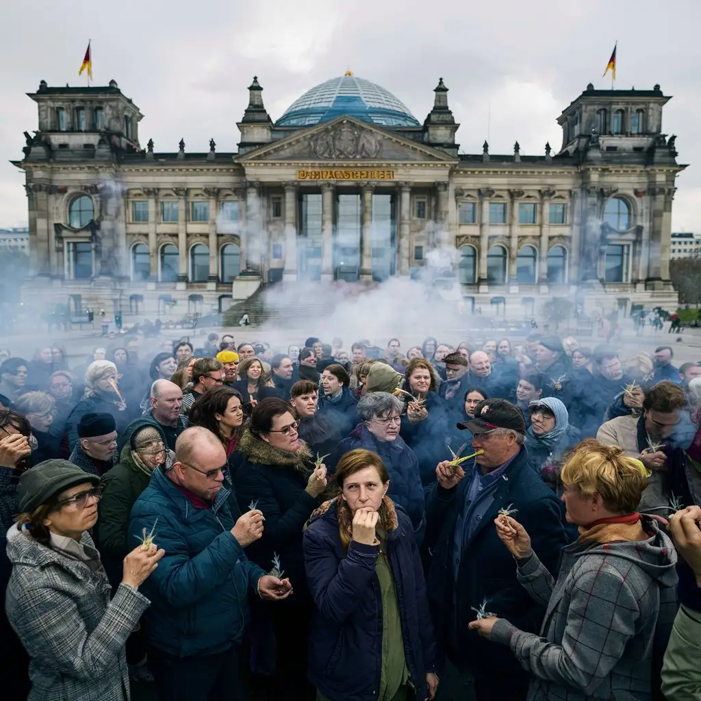 vorm Bundestag in Berlin stehen viele Menschen, sie Rauchen alle einen Joint, viel Qualm, realfoto
