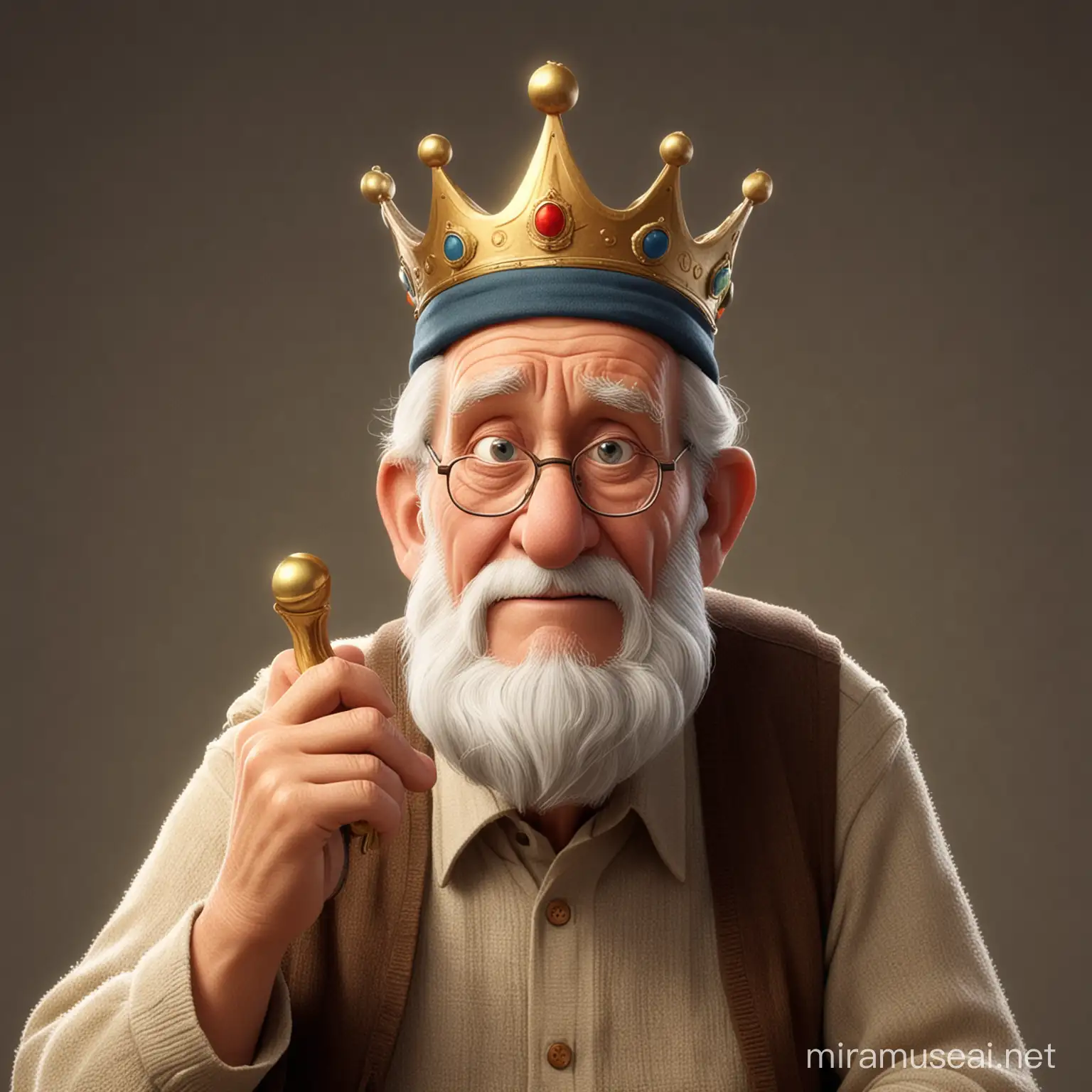 a old man thinking to call 110 with a  crown in his hand ,disney pixar style