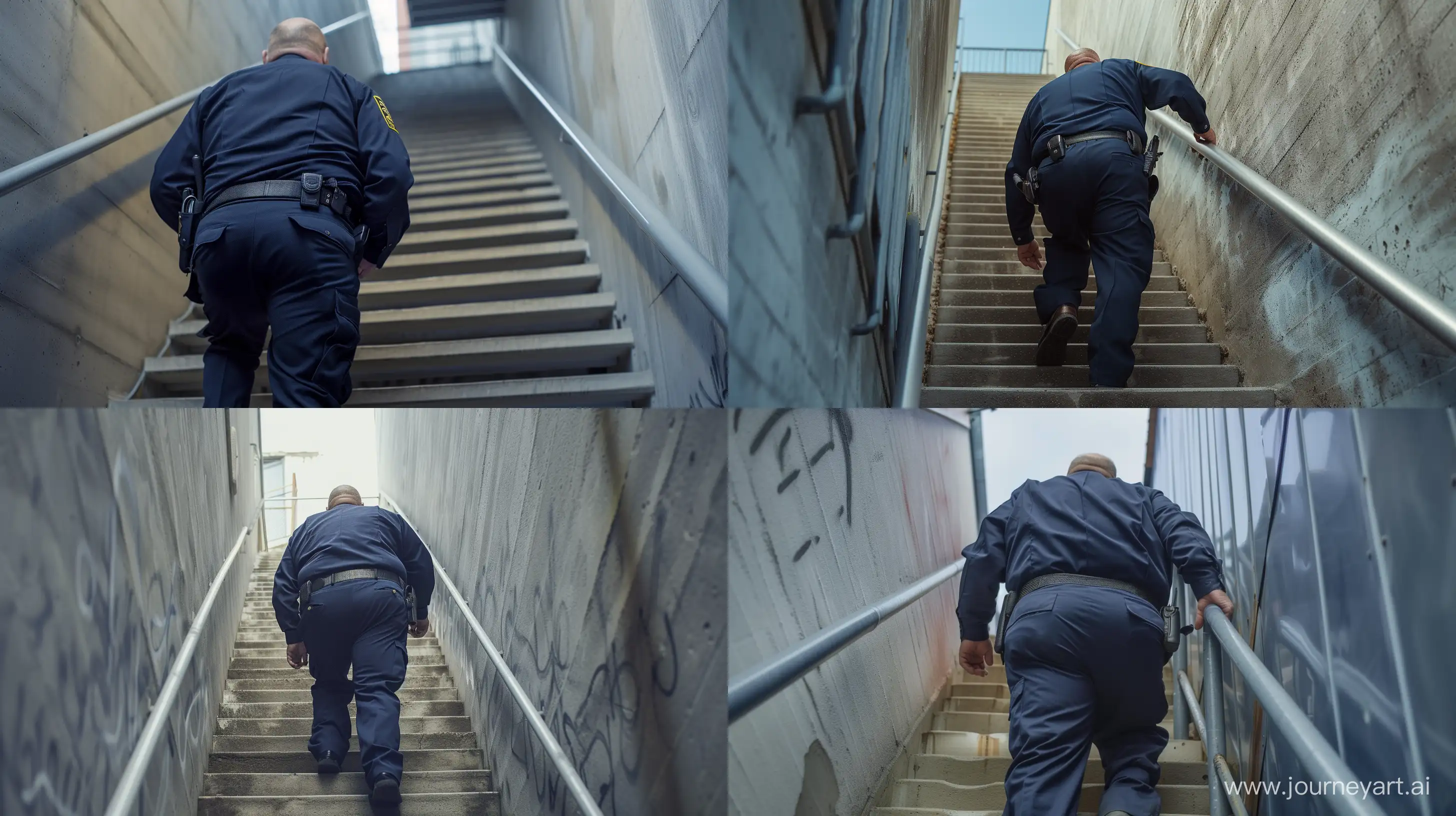 Elderly-Policeman-Ascending-Stairs-in-Navy-Uniform