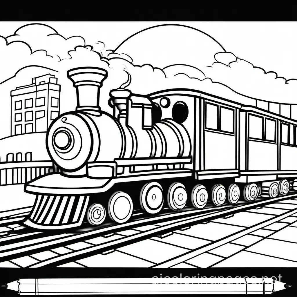 happy friendly playful TRAIN AT THE TRAIN STATION coloring book page for kids, Coloring Page, black and white, line art, white background, Simplicity, Ample White Space. The background of the coloring page is plain white to make it easy for young children to color within the lines. The outlines of all the subjects are easy to distinguish, making it simple for kids to color without too much difficulty, Coloring Page, black and white, line art, white background, Simplicity, Ample White Space. The background of the coloring page is plain white to make it easy for young children to color within the lines. The outlines of all the subjects are easy to distinguish, making it simple for kids to color without too much difficulty