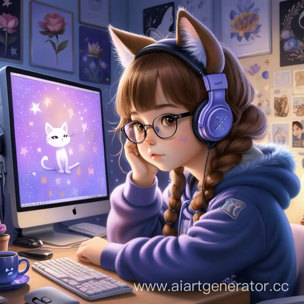 Enchanting-SlavicAsian-Girl-in-Cosmic-Cat-Pajamas-at-Computer-Desk