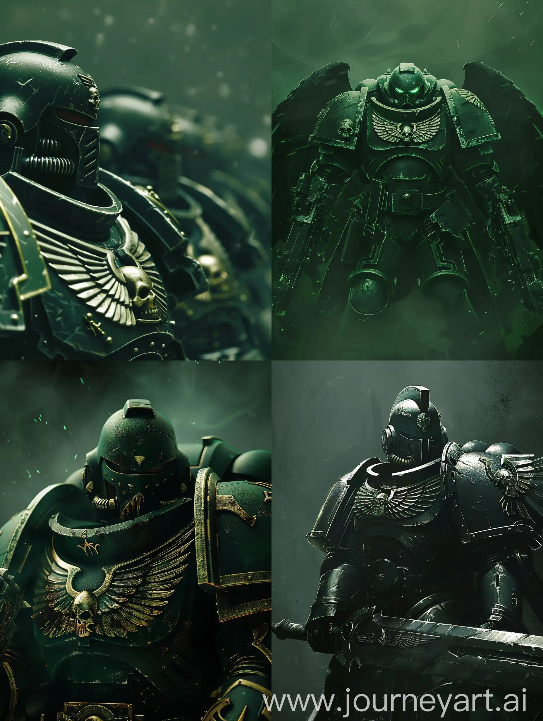 The Dark Angels from the Warhammer 40k universe. The background is dark green.