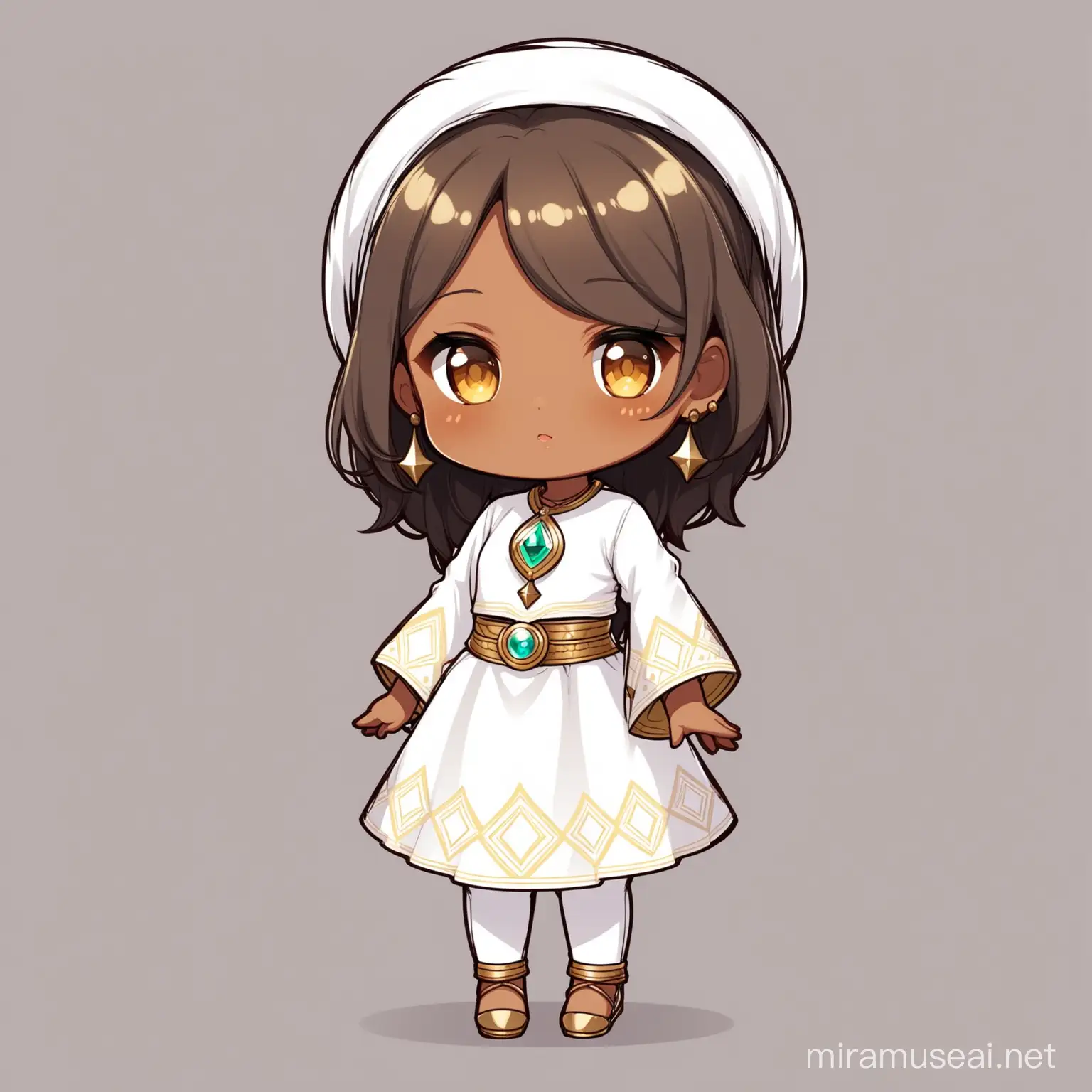 female child magical healer with dark skin wearing white on a white background full body chibi style