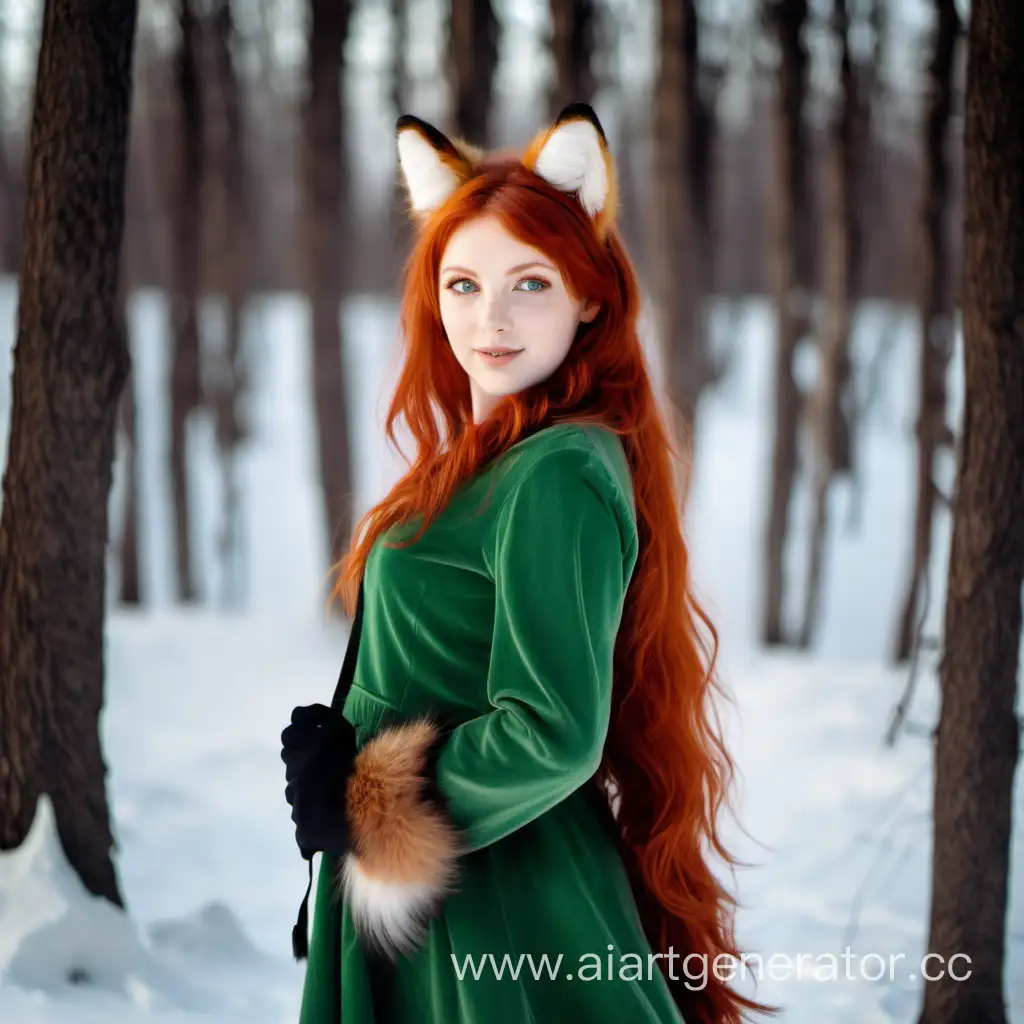 A red-haired girl with green eyes, fox ears and a tail plays in the winter forest
