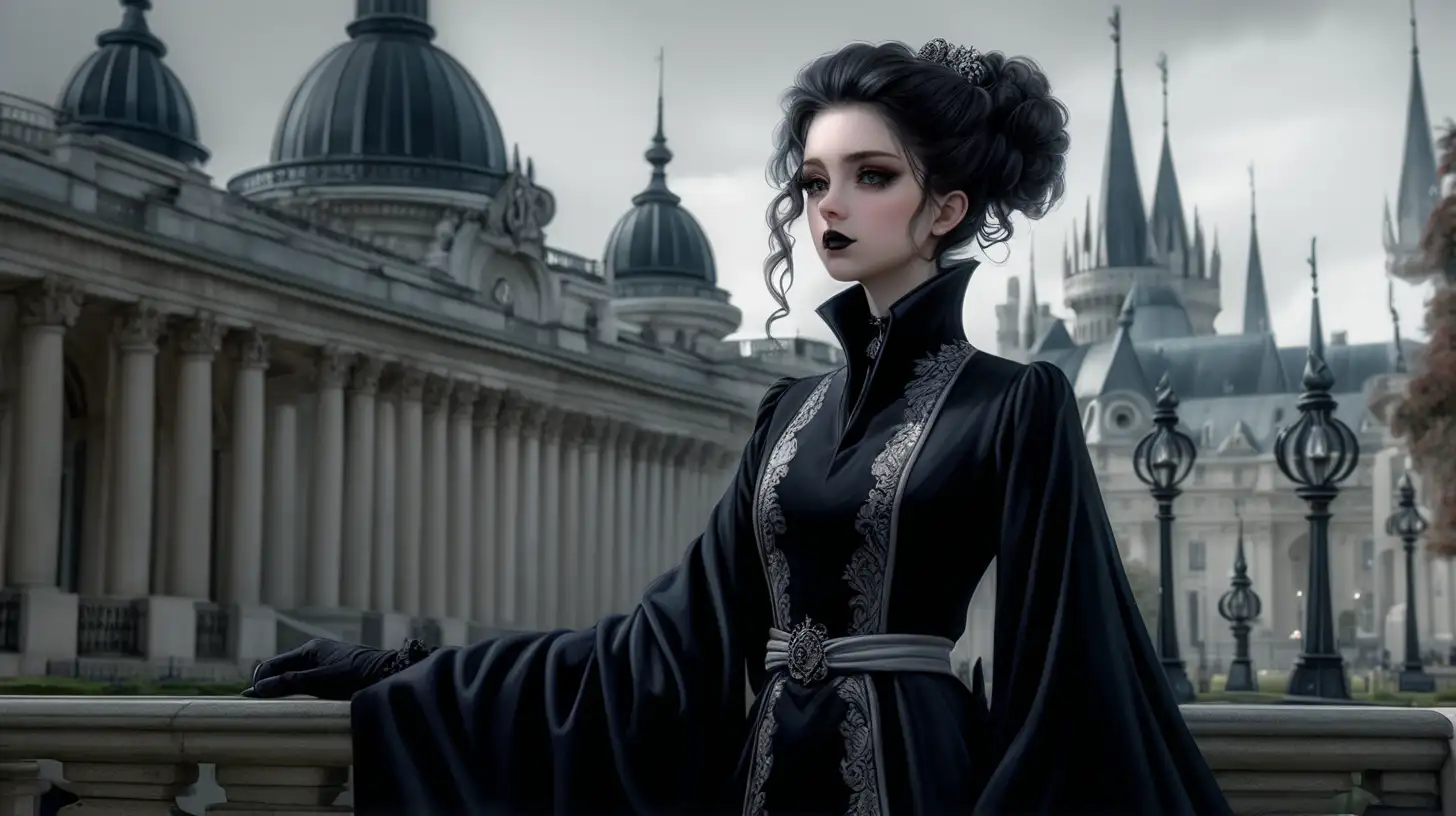 Dreaming city, beautiful, royal attire black curly hair, pale skin, grey eyes, dreaming city, black robes, black gloves, female, black make up, black mascara and lipstick, angered look on her face, robes, Standing in the city, perfect posture, victorian, looking away from camera, hair tied up in a messy bun, proper and unamused look on her face, full body shot, royal look, hands clasped behind her back, show full body, in the royal garden, garden, grand garden, wideshot, 