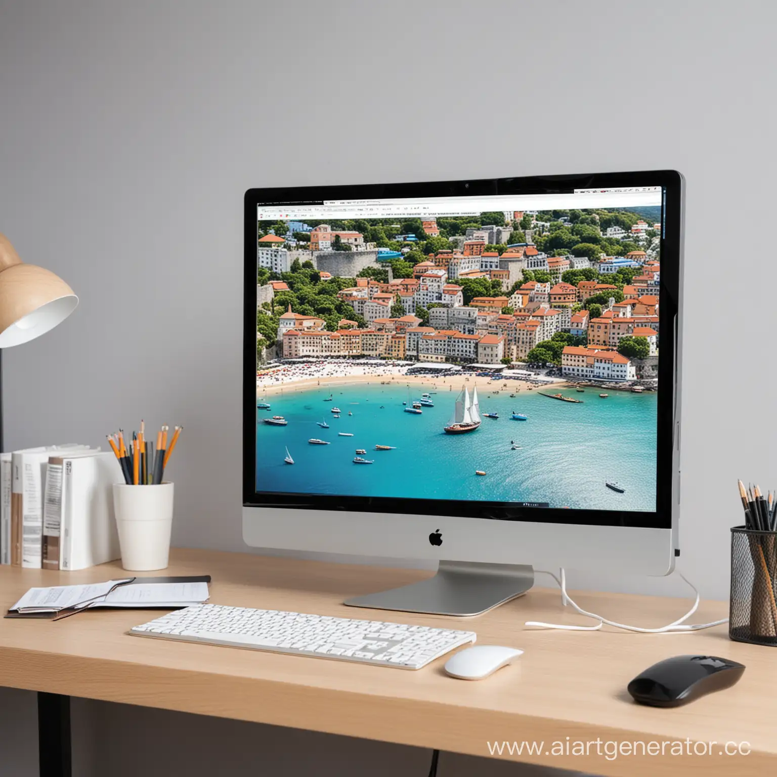 Modern-Office-Desk-with-Computer-Monitor-Displaying-Tourism-Information