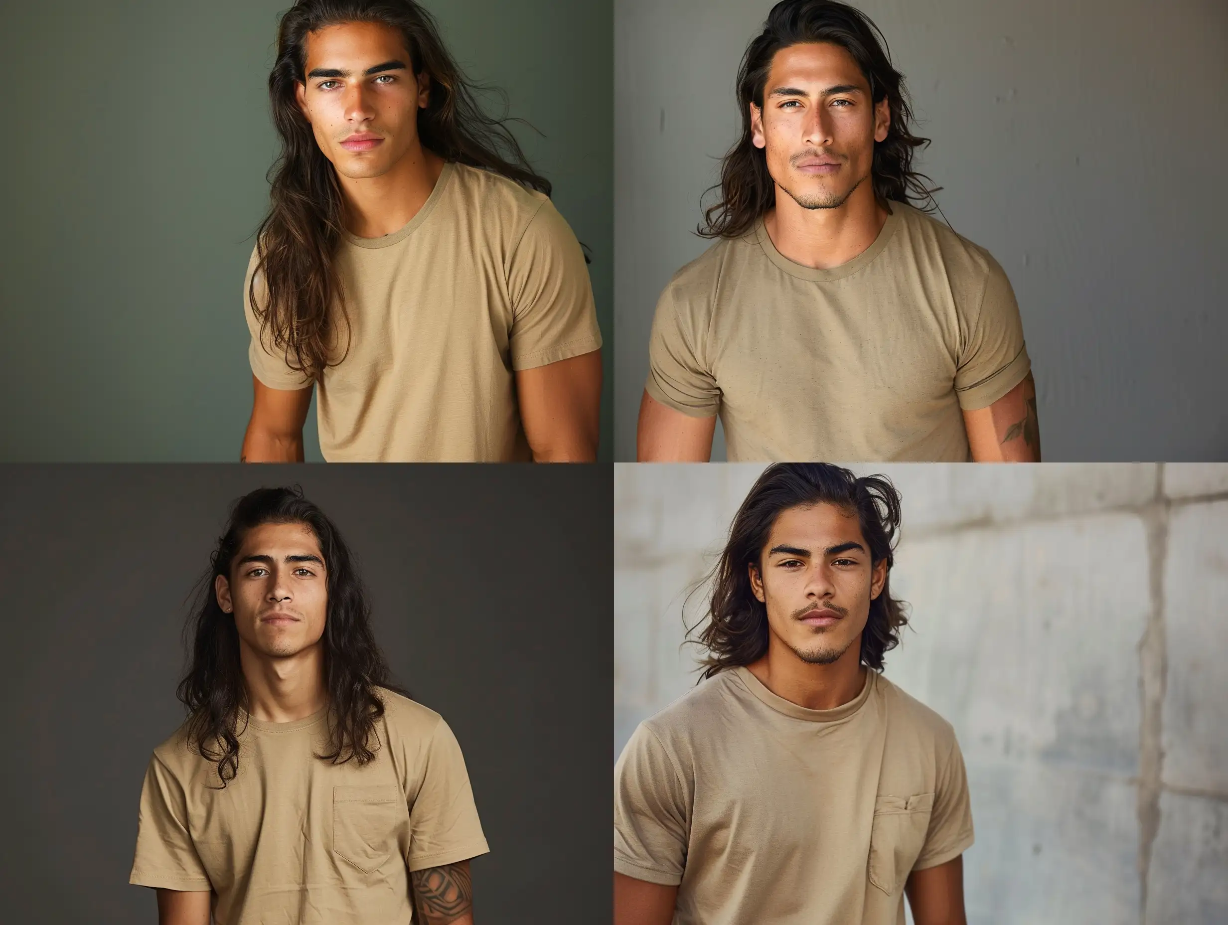HipHop-Style-Latino-Male-Model-with-Long-Hair-and-Tan-TShirt