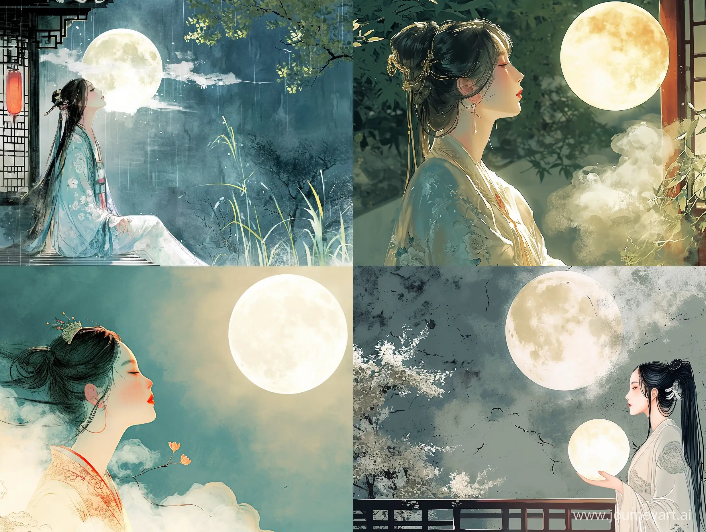 一个美女在后花园拜月时，忽然轻风吹来，一块浮云将那皎洁的明月遮住。彩色中国风，水墨画风格，二次元漫画，高清，高级感，大师之作，古代，东方美学。