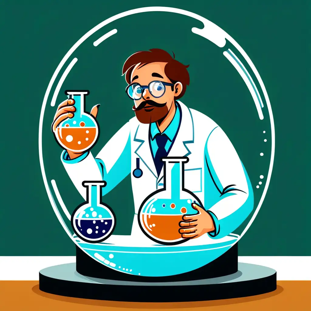 illustration of scientist who is inside round bottom flask and knock on the glass