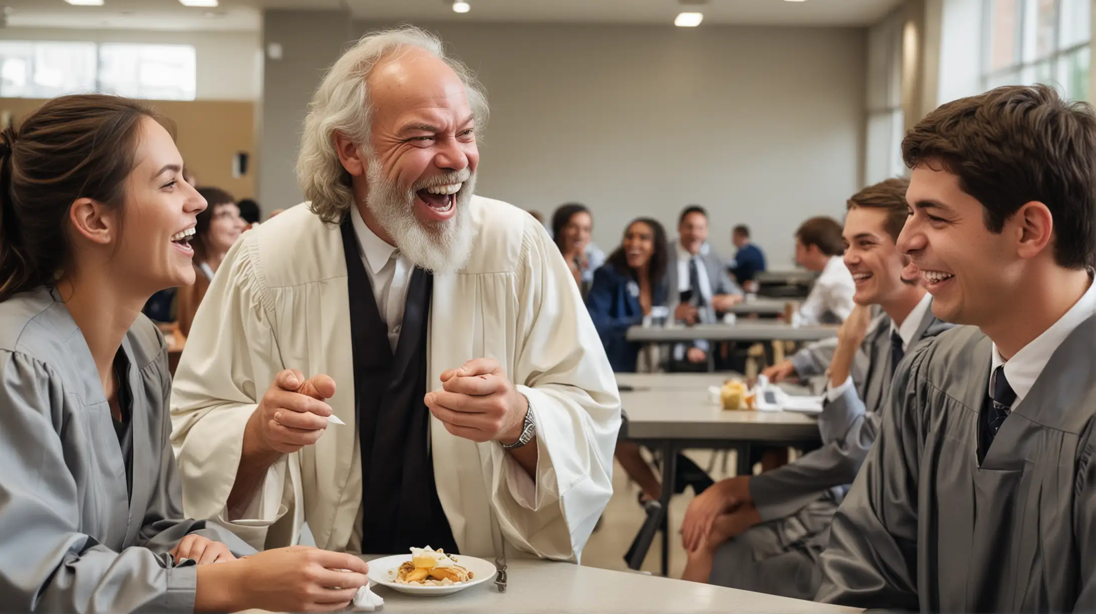 Sokrates avukat cübbesi ile modern bir kampüs kantininde genç insanlar ile gülüyor