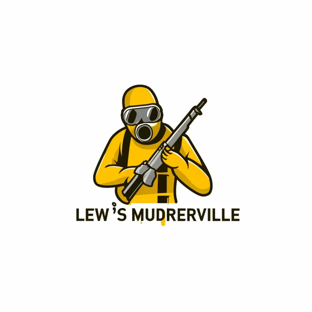 a logo design,with the text "Lew's Murderville", main symbol:Soldier in yellow hazmat suit carrying rocket launcher and rifle,Minimalistic,be used in Entertainment industry,clear background