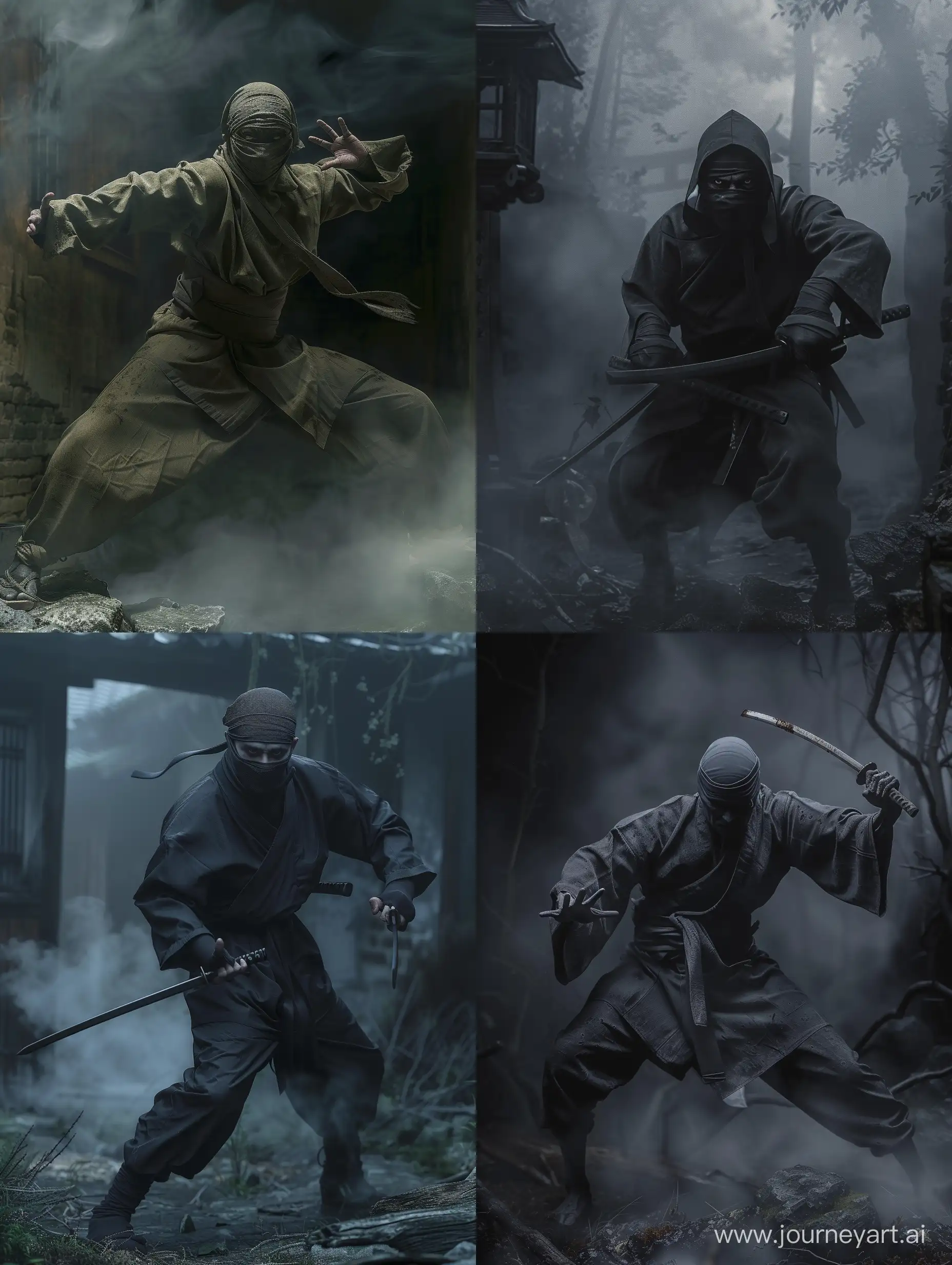 the Vladimir putin Ninja, Performing some kind of action, horror ,The setting is in the decayed Edo period of Japan in the dark with fog, insanely detailed, whole body, photograph, hyper realistic