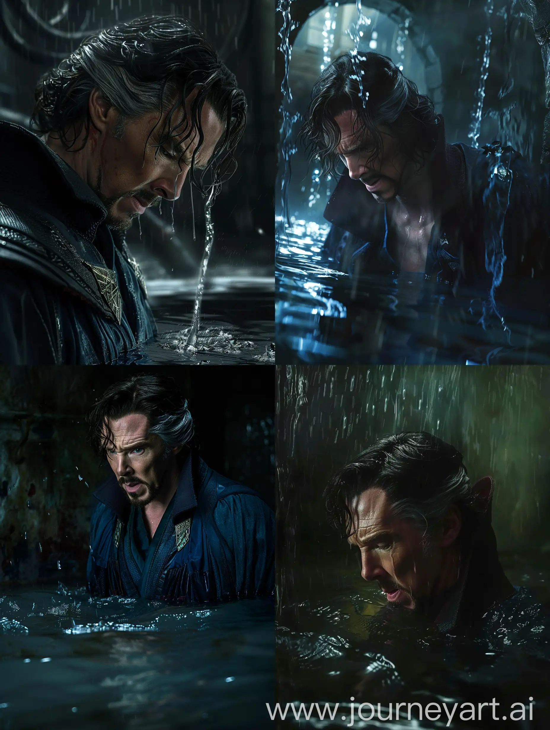 Doctor Strange, shoulder length wavy hair,  in a dark room, water rising to his knees, wet, in dispair.