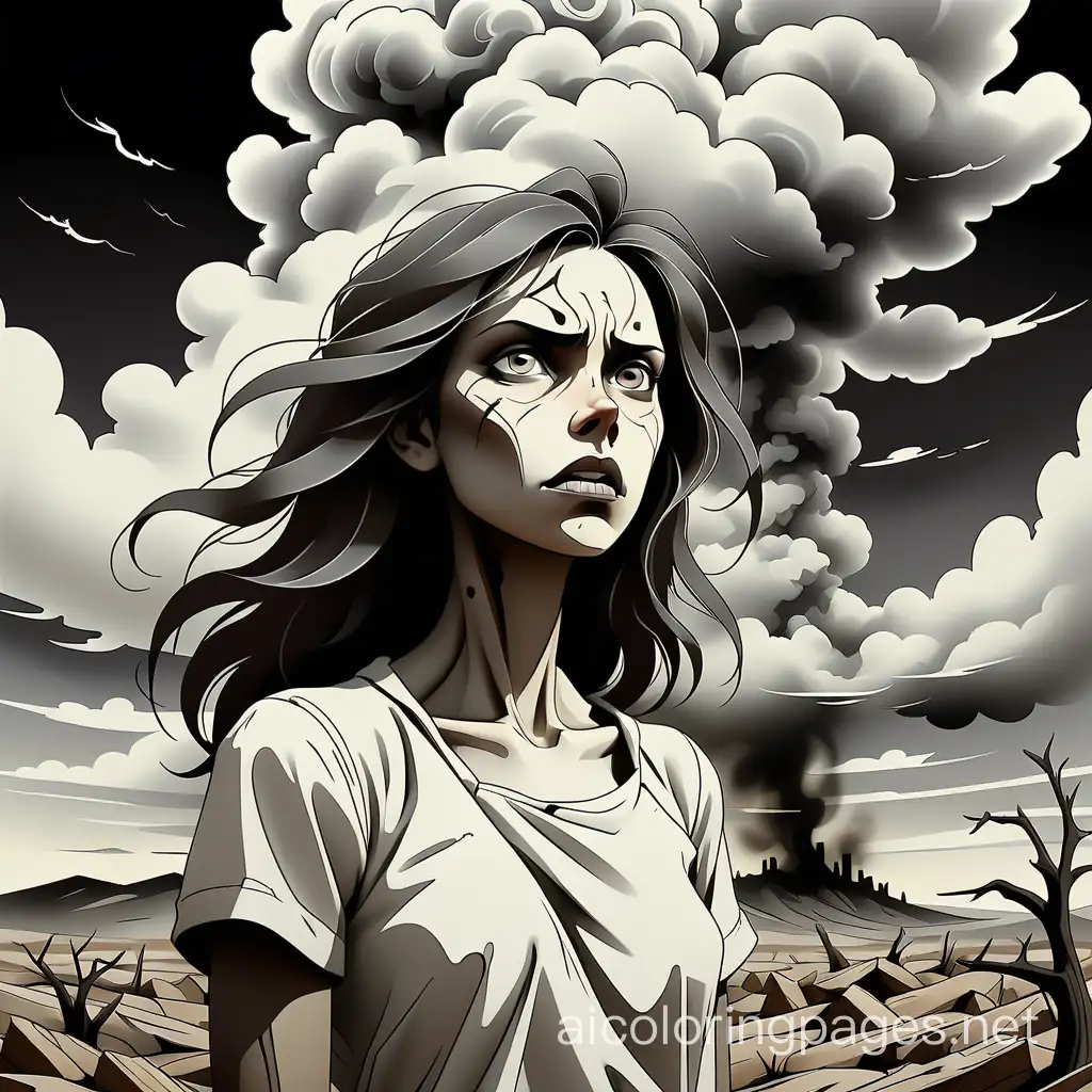 A hauntingly beautiful minimalist ink drawing captures the essence of a solitary woman's face amidst the remnants of a once-thriving landscape. The clean lines and negative space emphasize the purity and simplicity of the scene. The character's intense gaze reveals a mix of sorrow, rage, and unwavering determination. The menacing clouds loom overhead, casting an eerie shadow over the scene, and the scent of smoke and decay lingers in the air. The howling winds moan through the desolate, lifeless Landscape. The resolute individual stands tall, embodying the fragility of humanity in the face of devastation. This powerful thought-provoking serves as a poignant reminder of the urgent need to combat climate changes and protect our delicate world., Coloring Page, black and white, line art, white background, Simplicity, Ample White Space. The background of the coloring page is plain white to make it easy for young children to color within the lines. The outlines of all the subjects are easy to distinguish, making it simple for kids to color without too much difficulty