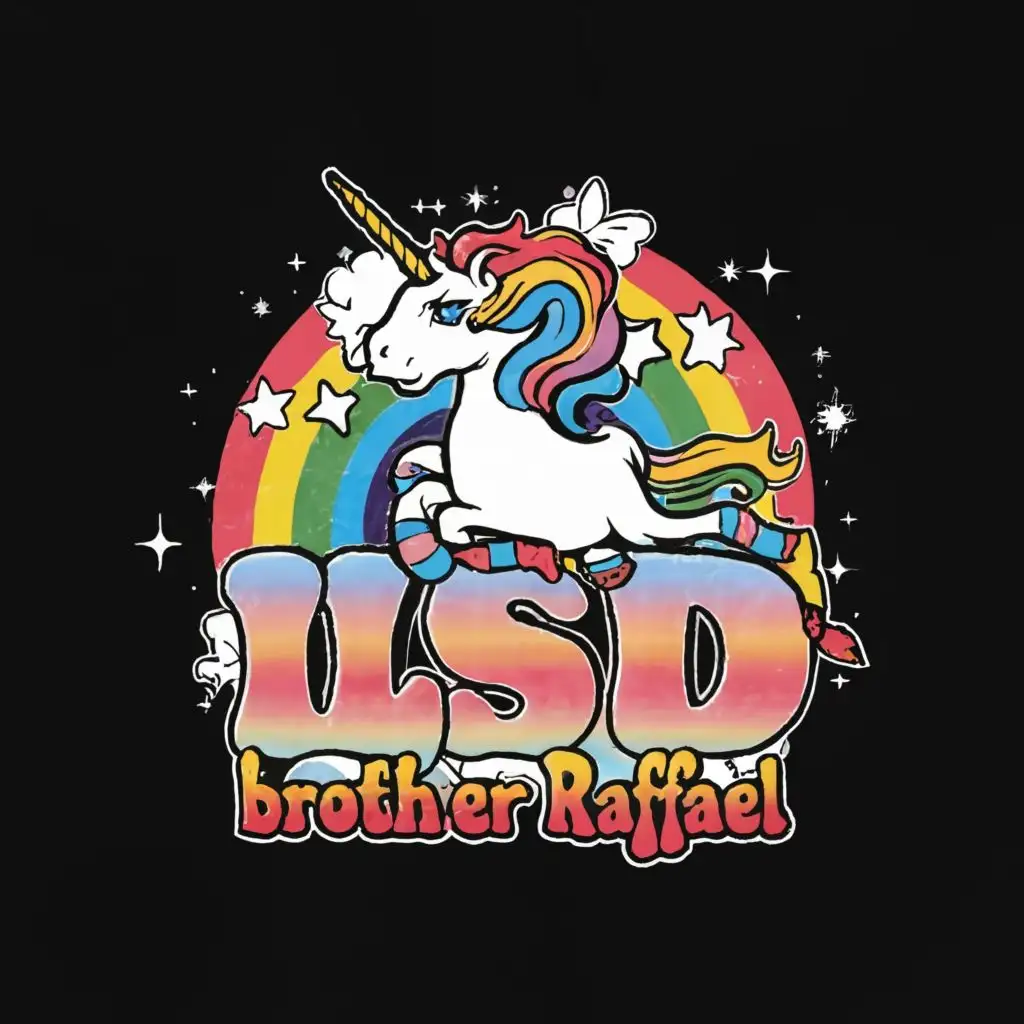 logo, A character with brown hair, who is tripping, LSD colors and unicorn in the background, with the text "LSD Brother Raffael", typography