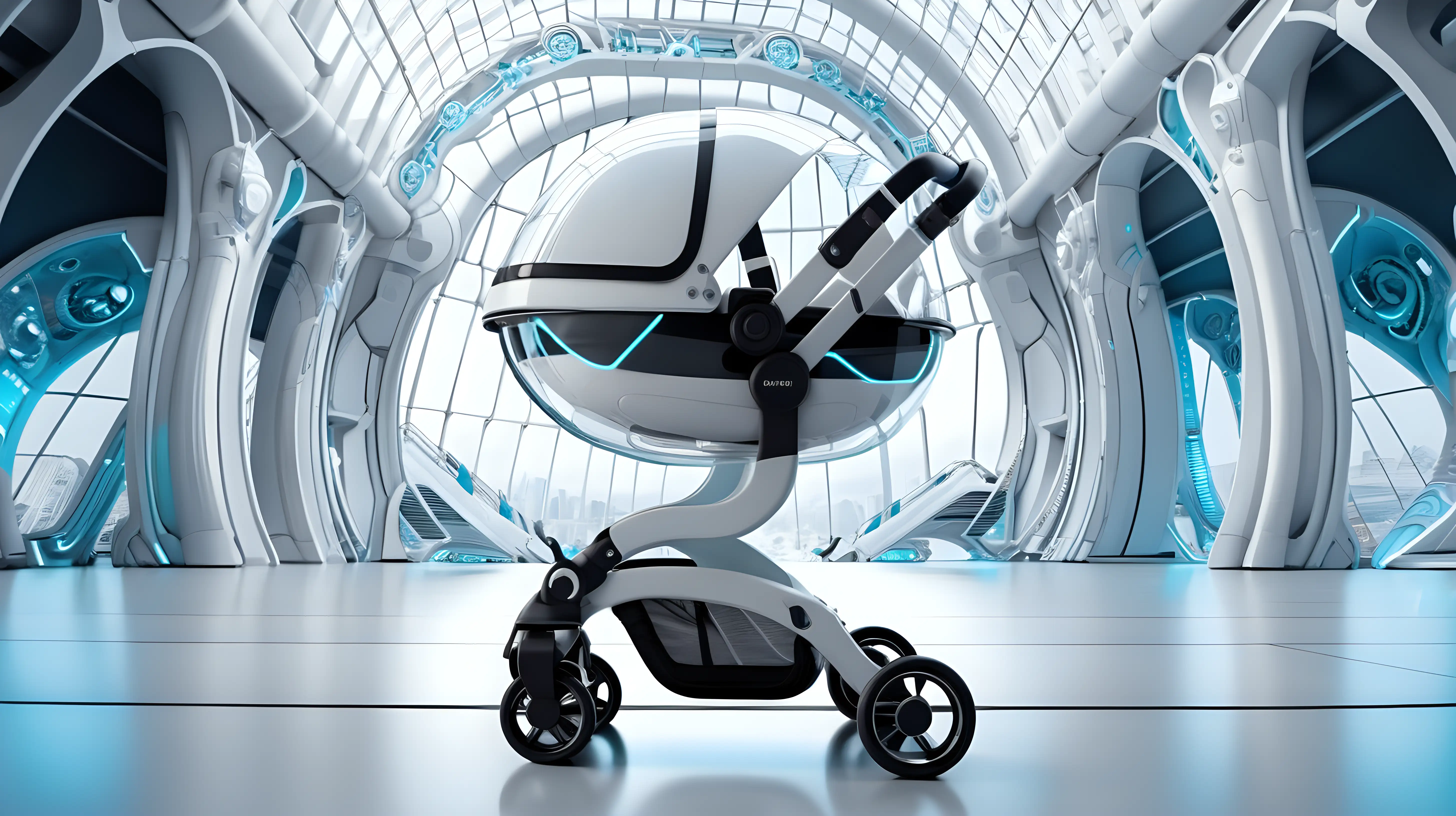 futuristic stroller set in a futuristic architectural background