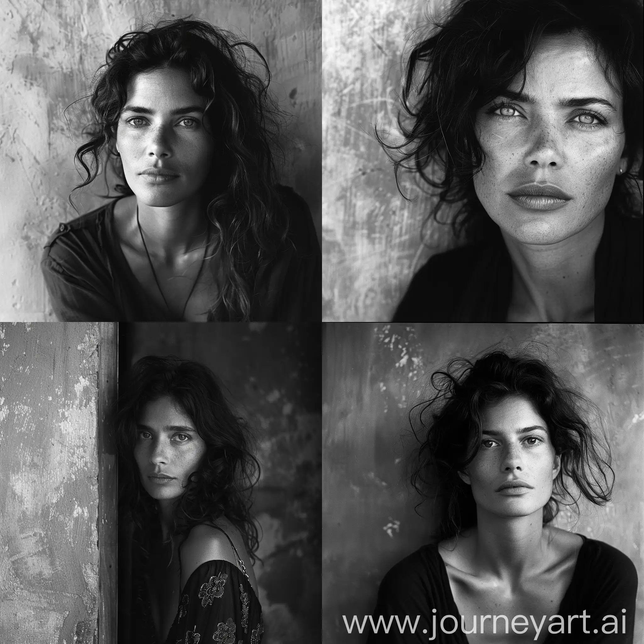 
Intimate photographic portrait of an attractive 40 years old Italian woman, in front of a flat wall, wavy hair, peaceful and confident expression, deep and captivating eyes, looking at camera, eye contact, summer gentle light, cinematic style, shot with Ilford HP5+ 400 ::3 by Peter Lindbergh ::3   --style raw
